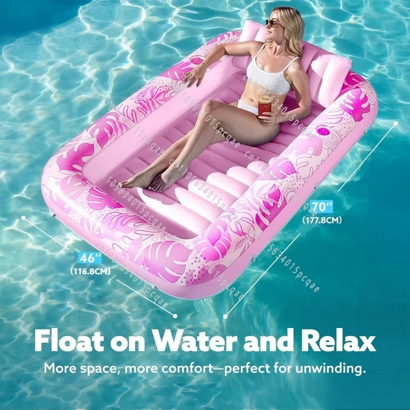 JOYFY 4 in 1 Suntan Tub Raft Floatie Inflatable Tanning Pool  70" x 46" Pool Floats Adult with Pillow for Water Party Gifts